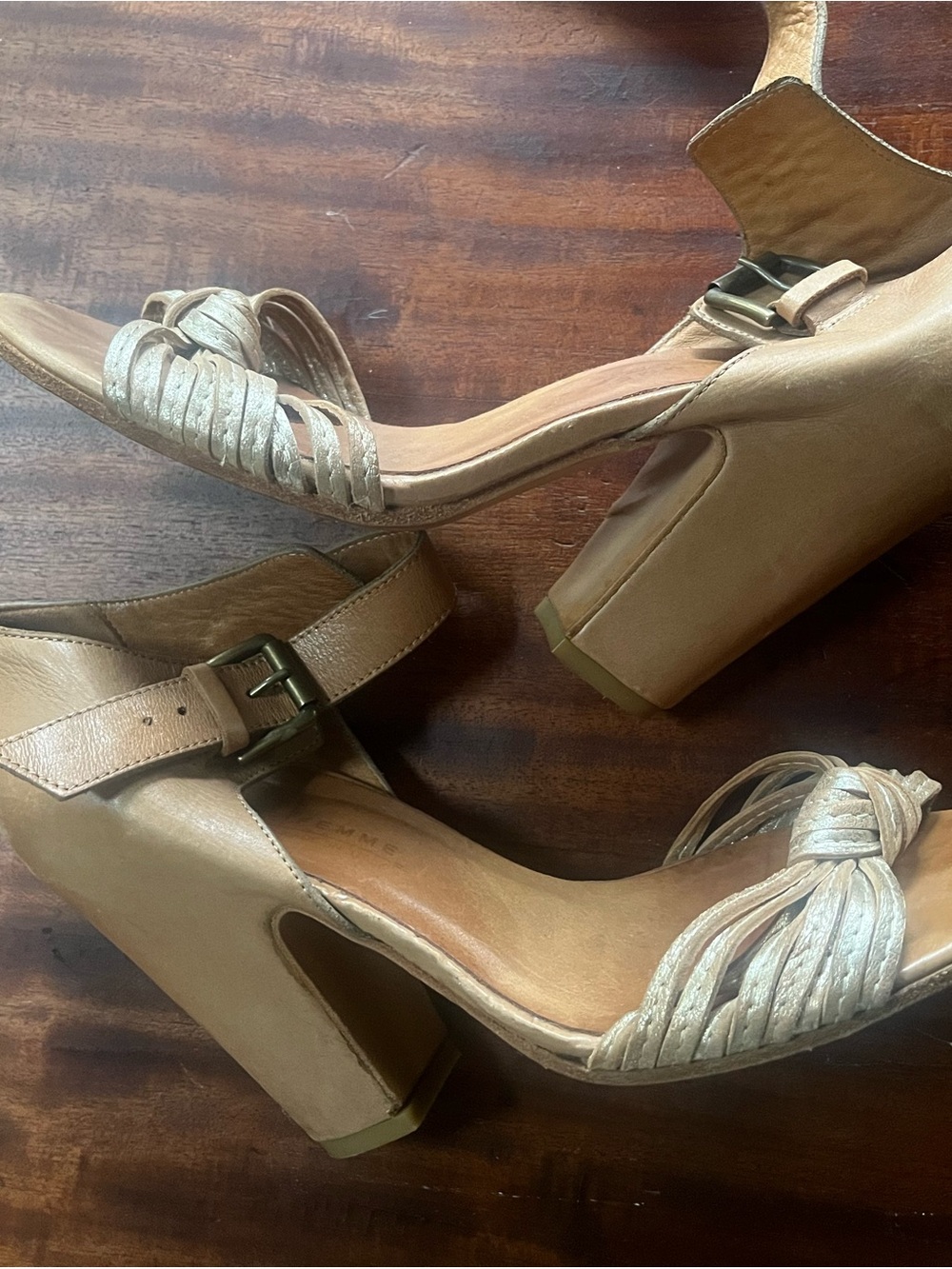 Women's Tan Block Heel Sandals with Braided Front Strap